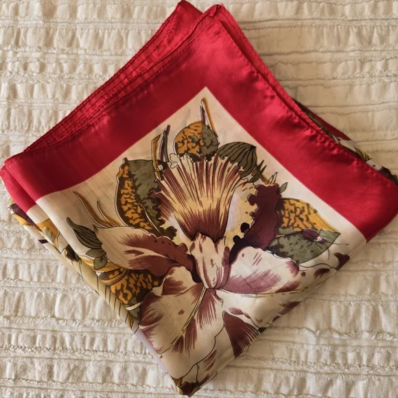 Vintage Silk Floral Square Scarf 35x35 Red Beige Botanical - Picture 5 of 15